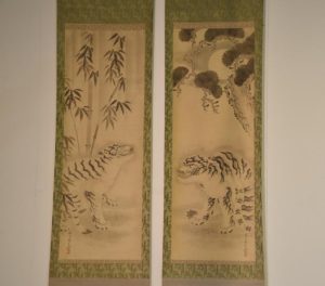 A Pair of Japanese Ink Brush Tiger Paintings Circa:1920's