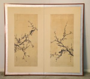 2 Panel Ink Brush Plum Blossom Screen