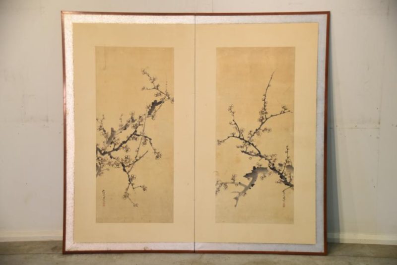 2 Panel Ink Brush Plum Blossom Screen