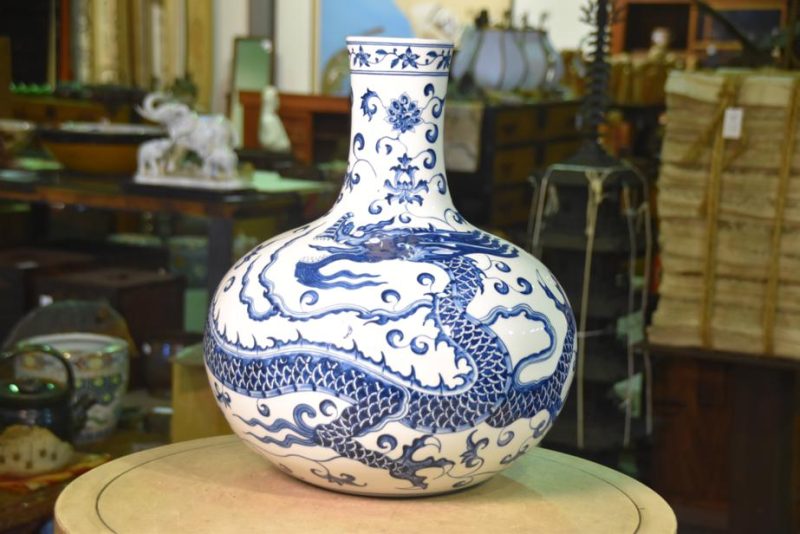 Japanese Blue and White Ceramic Dragon Vase