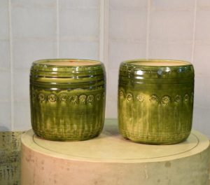 A Pair of Oribe Pottery Hibachi Urns