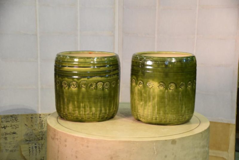 A Pair of Oribe Pottery Hibachi Urns