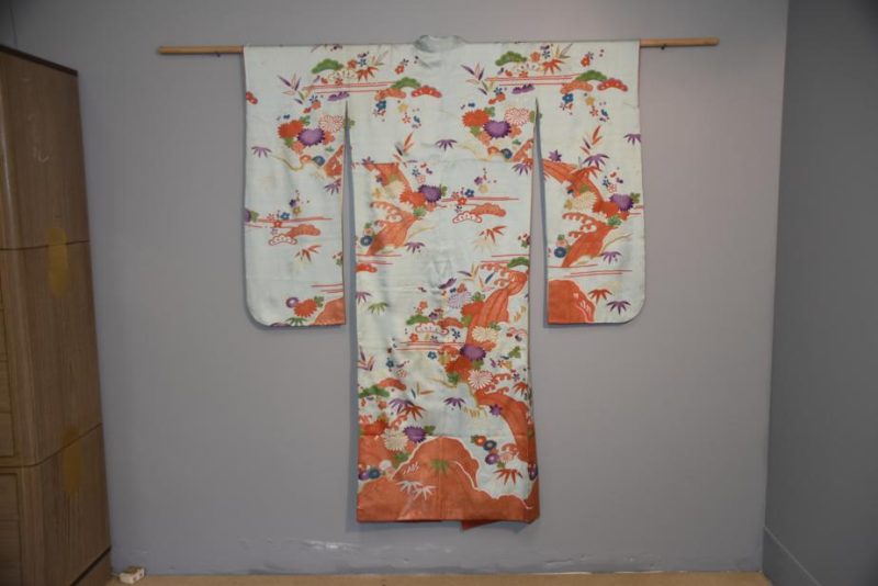 Vintage Furisode Japanese Silk Coming of Age Kimono in pale blue