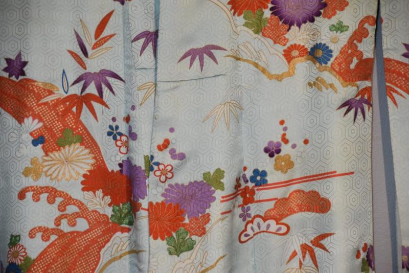 Vintage Furisode Japanese Silk Coming of Age Kimono in pale blue - Image 4