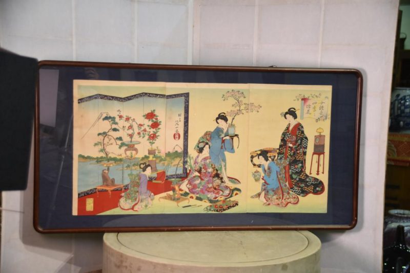 Meiji Period Wood Block Print Hanga Triptych