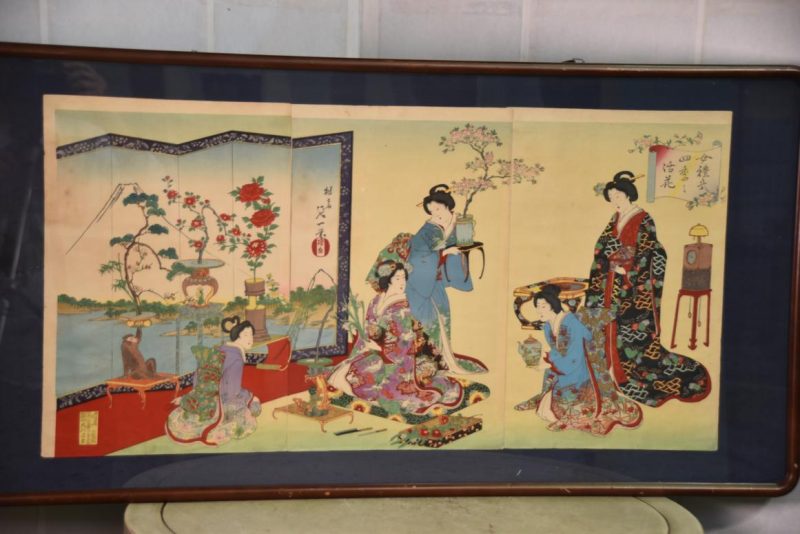 Meiji Period Wood Block Print Hanga Triptych - Image 2