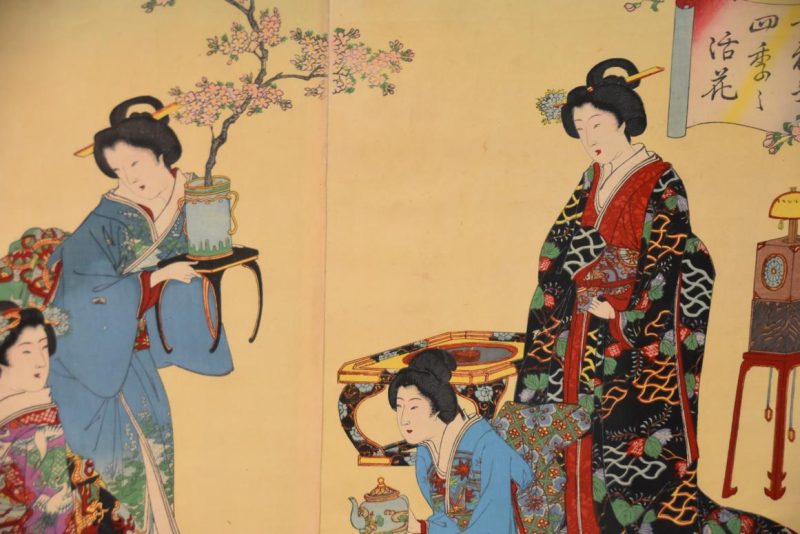 Meiji Period Wood Block Print Hanga Triptych - Image 3