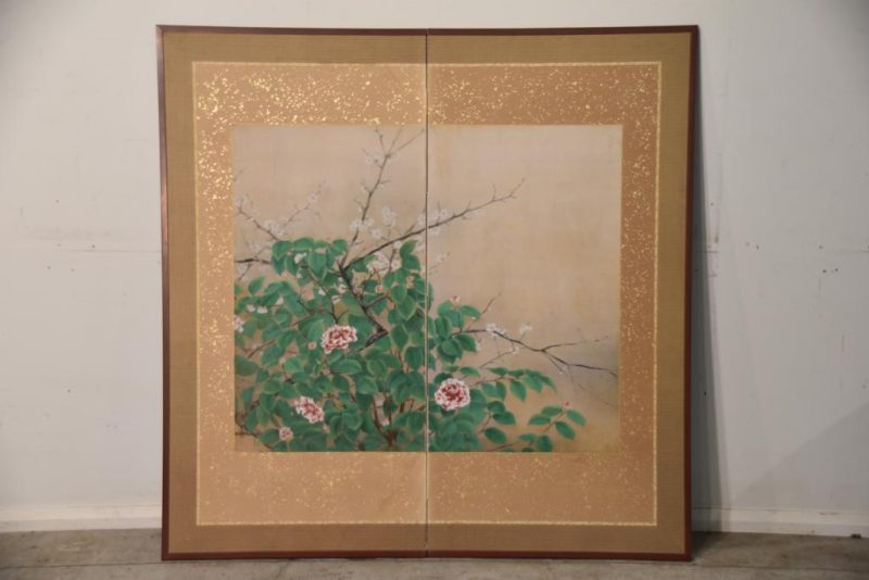 Taishi Period Camellias 2 Panel Screen Width: 1550mm