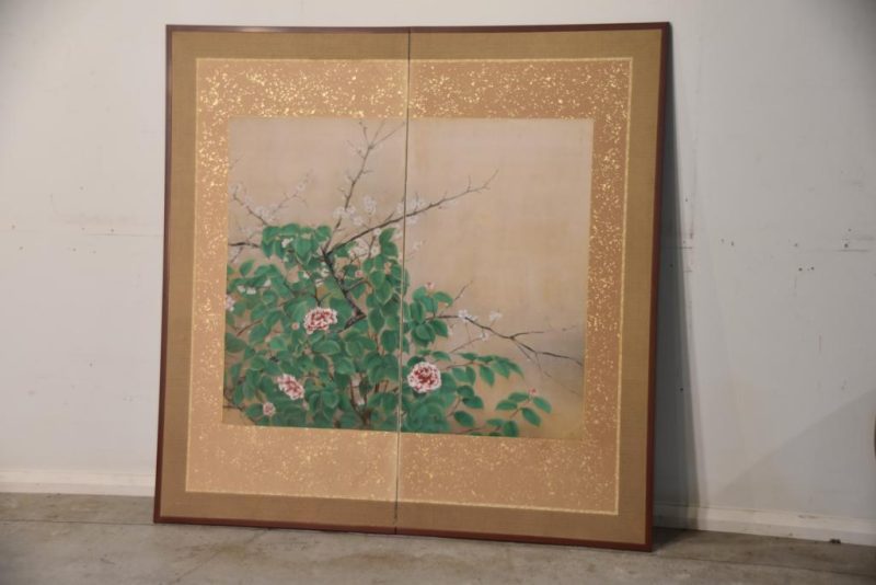 Taishi Period Camellias 2 Panel Screen Width: 1550mm - Image 9