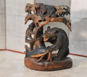 3 Bears and Salmon Wooden Hokkaido Carving Height:970mm
