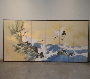 Japanese Cranes and Waves Byobu Screen Width:3760mm