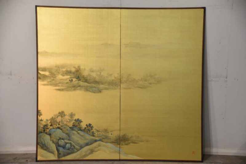2 Panel Gold Screen with Chinese Temples Width:1860mm