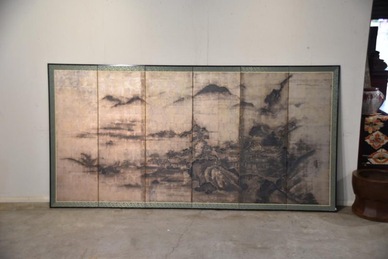 Meiji Period Silver Leaf Byobu 6 Panel Screen Width:3700mm