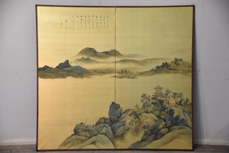2 Panel Gold Screen with Chinese Temples Width:1860mm