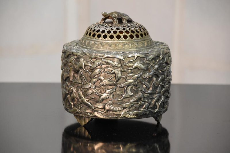Japanese Bronze Koro with Cranes and Turtle Width:135mm
