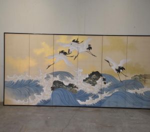 Japanese Cranes and Waves Byobu Screen Width:3760mm.