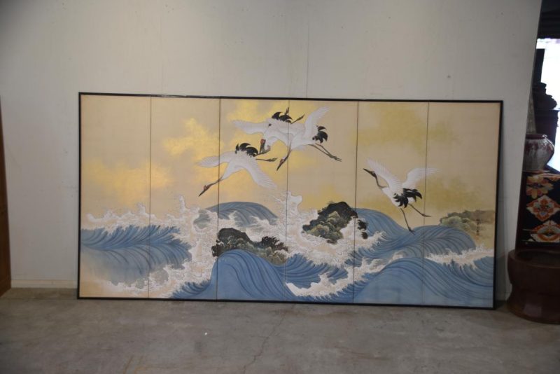 Japanese Cranes and Waves Byobu Screen Width:3760mm.