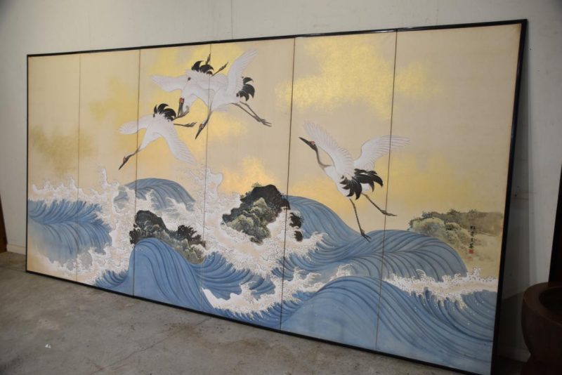 Japanese Cranes and Waves Byobu Screen Width:3760mm. - Image 5