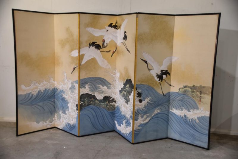Japanese Cranes and Waves Byobu Screen Width:3760mm. - Image 3