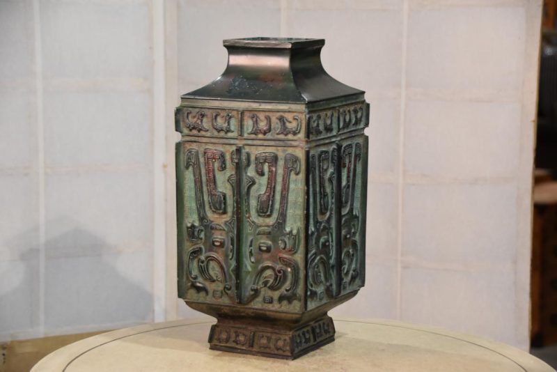 Japanese Bronze Vase with Archaic Chinese Designs Width:180mm
