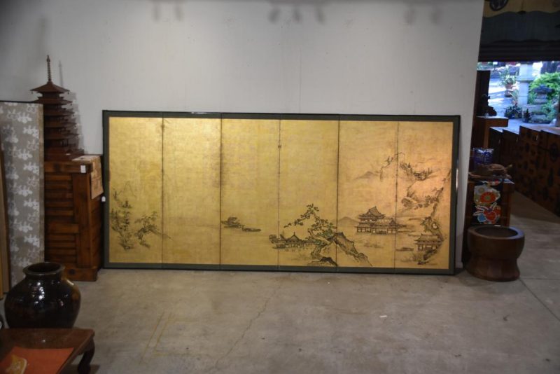 Sumi-E (Ink Brush) Landscape on Gold Leaf Screen Width:3760mm