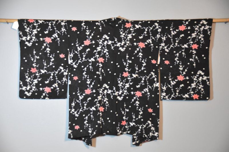 Black Vintage Silk Jacquard Haori Jacket with Cherry Blossom Design - Image 3