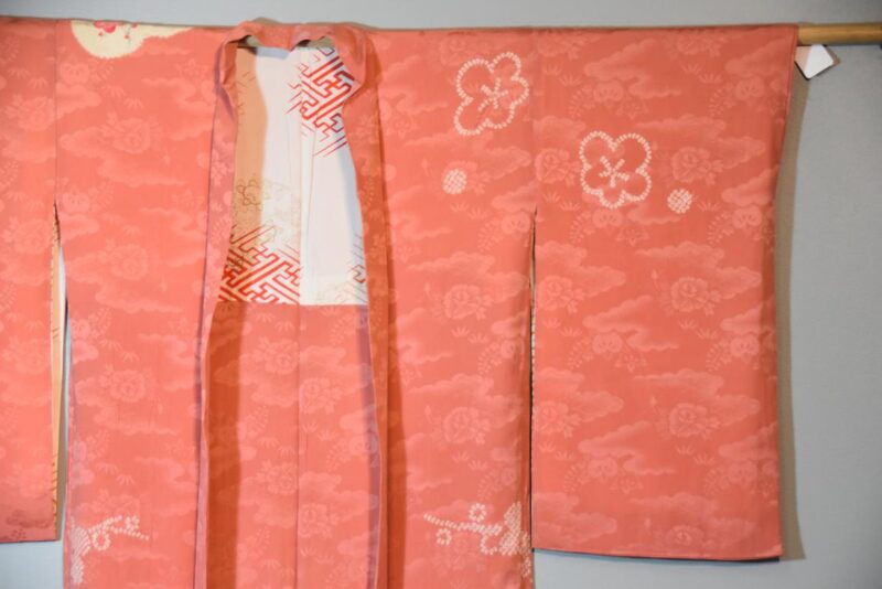 Salmon Pink Colour Vintage Silk Jacquard Haori Jacket - Image 6
