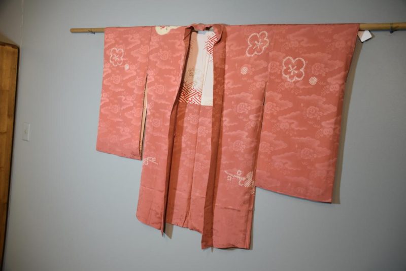 Salmon Pink Colour Vintage Silk Jacquard Haori Jacket - Image 4