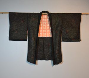 Vintage Black Silk Haori Jacket with Silver and Red Lacquered Threads