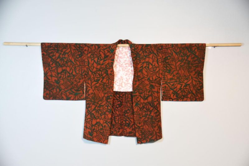 Dark Green and Burnt Orange Vintage Silk Haori Jacket