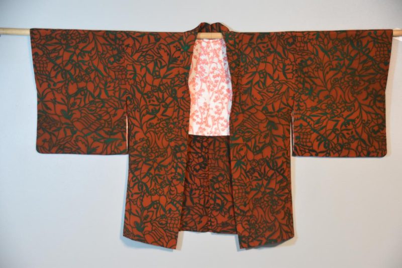 Dark Green and Burnt Orange Vintage Silk Haori Jacket - Image 6
