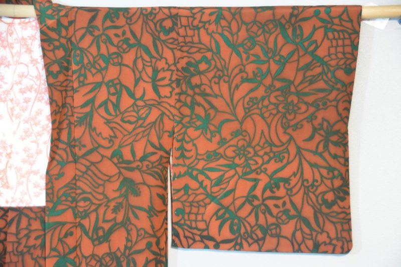 Dark Green and Burnt Orange Vintage Silk Haori Jacket - Image 5