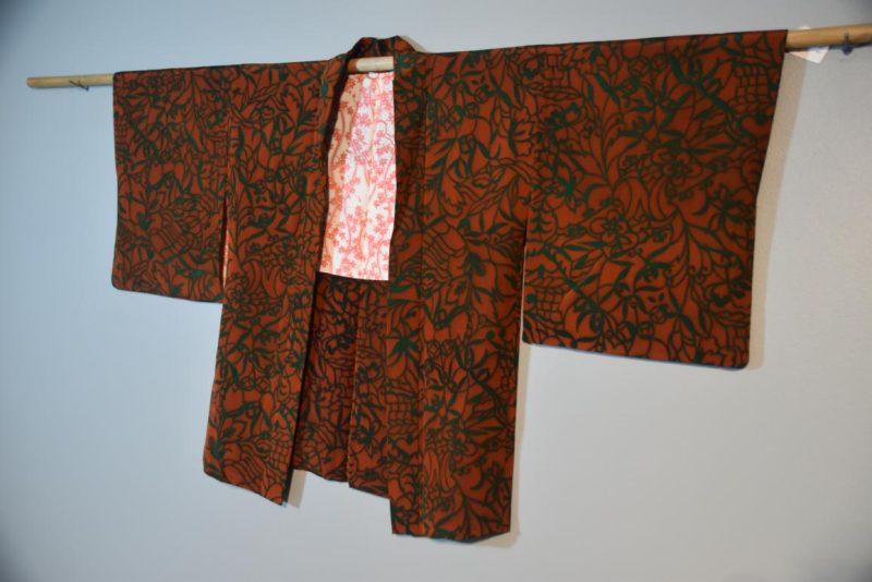 Dark Green and Burnt Orange Vintage Silk Haori Jacket - Image 3