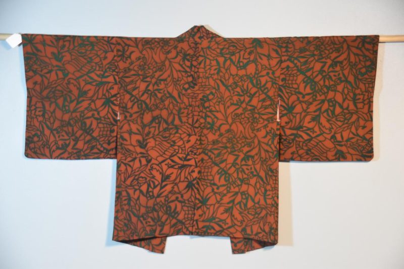 Dark Green and Burnt Orange Vintage Silk Haori Jacket - Image 2