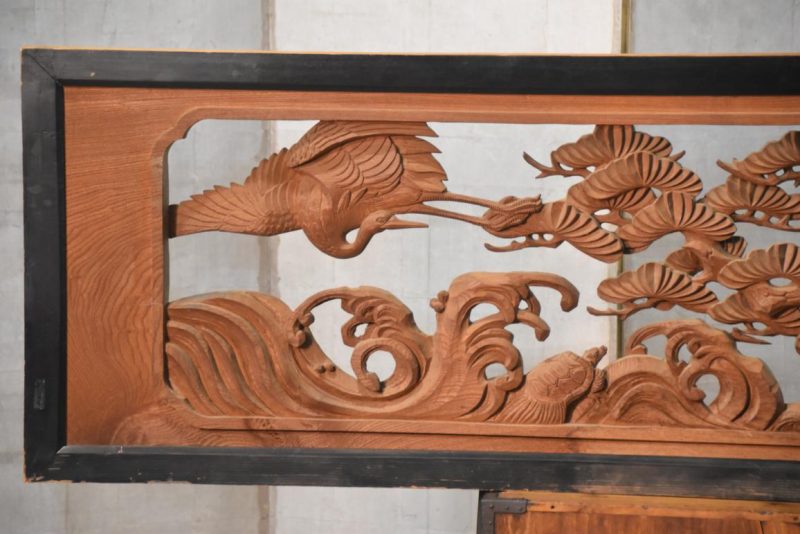 Japanese Elm Wood Transom of a Crane, Turtle, Waves, Plum and Pine Tree Width:1850mm - Image 6