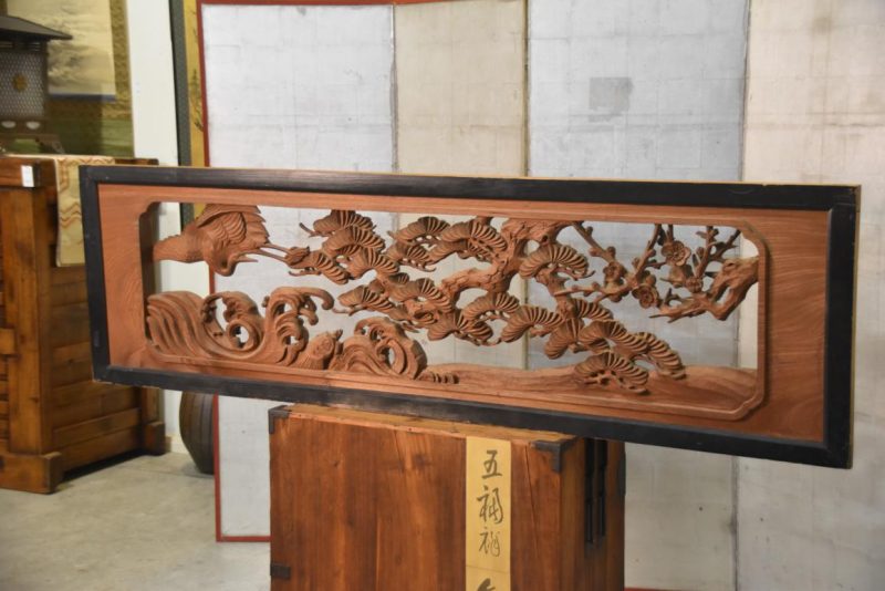 Japanese Elm Wood Transom of a Crane, Turtle, Waves, Plum and Pine Tree Width:1850mm - Image 4