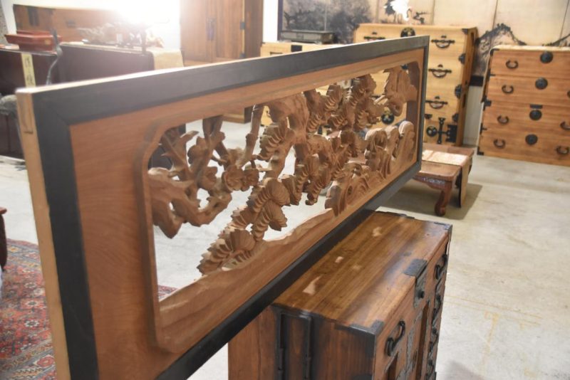 Japanese Elm Wood Transom of a Crane, Turtle, Waves, Plum and Pine Tree Width:1850mm - Image 3