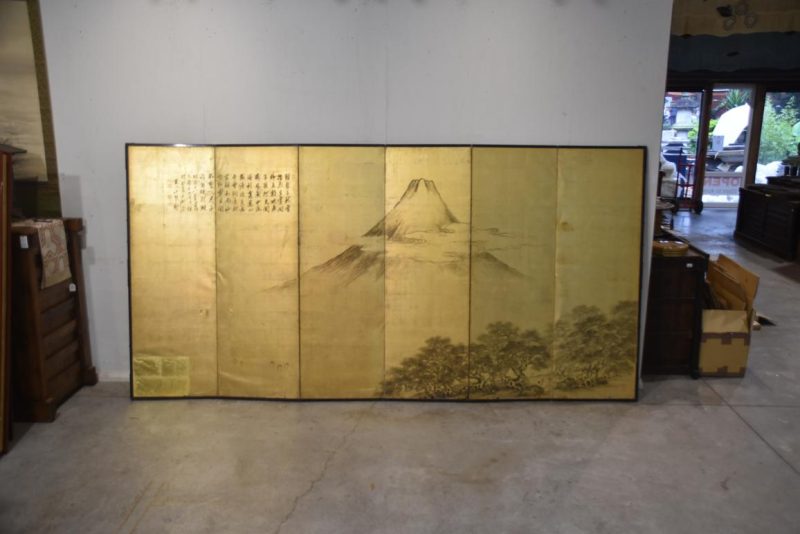 Sumi-E (Ink Brush) Old Mt Fuji on Gold Leaf Screen Width:3460mm