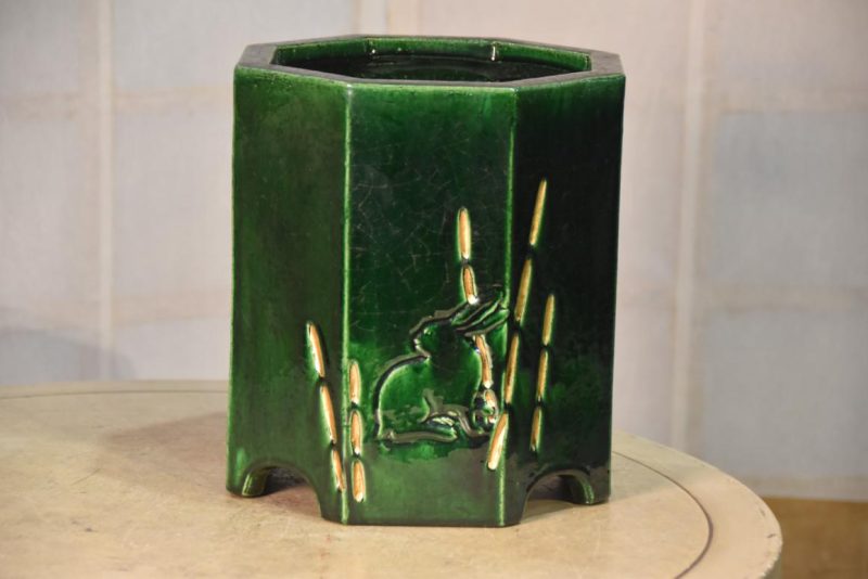 Green Glaze Hibachi Urn with Rabbits Width:200mm