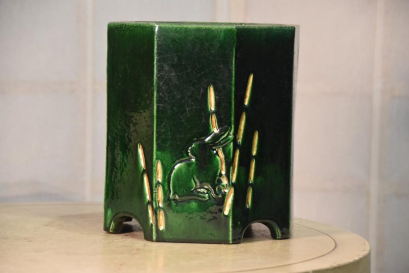 Green Glaze Hibachi Urn with Rabbits Width:200mm - Image 2