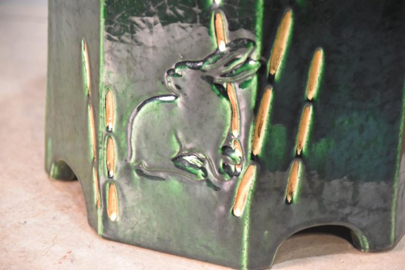 Green Glaze Hibachi Urn with Rabbits Width:200mm - Image 7