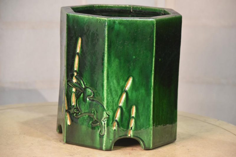 Green Glaze Hibachi Urn with Rabbits Width:200mm - Image 5