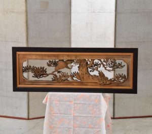 Japanese Carved Wooden Rama Transom with lacquered frame Width:1220mm