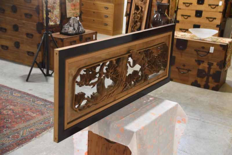 Japanese Carved Wooden Rama Transom with lacquered frame Width:1220mm - Image 7