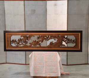 Japanese Carved Wooden Rama Transom with lacquered frame Width:1710mm