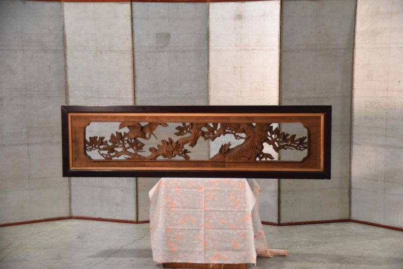 Japanese Carved Wooden Rama Transom with lacquered frame Width:1710mm