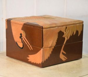 Maki-E Jubako Lacquer Box with Bold Cranes in Relief Width:270mm