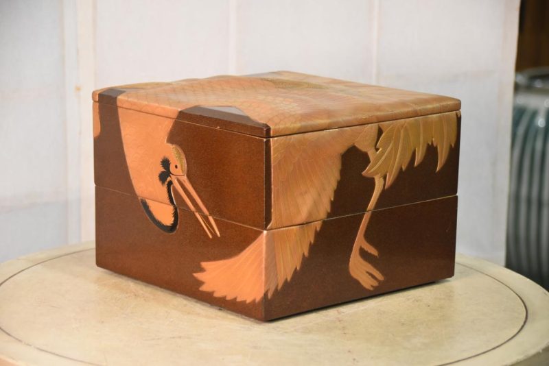 Maki-E Jubako Lacquer Box with Bold Cranes in Relief Width:270mm