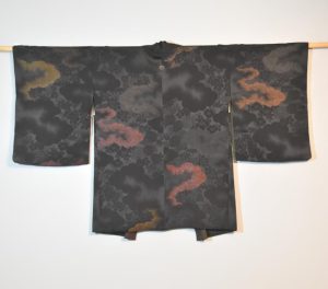 Vintage Black Silk Haori Jacket with Silver and Red Lacquered Threads
