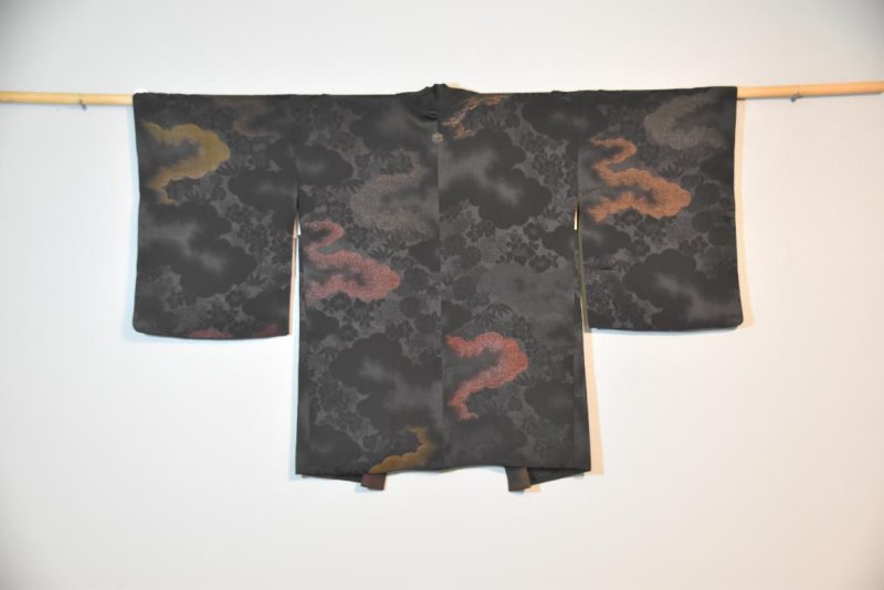 Vintage Black Silk Haori Jacket with Silver and Red Lacquered Threads